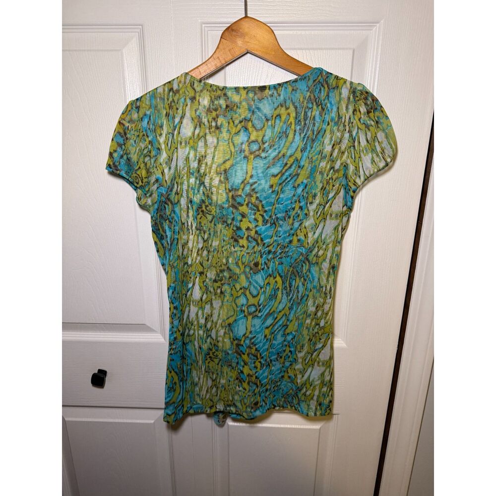 INC International Concepts Women's Large Ruffle Surplice Blouse Blue Green - Picture 2 of 4
